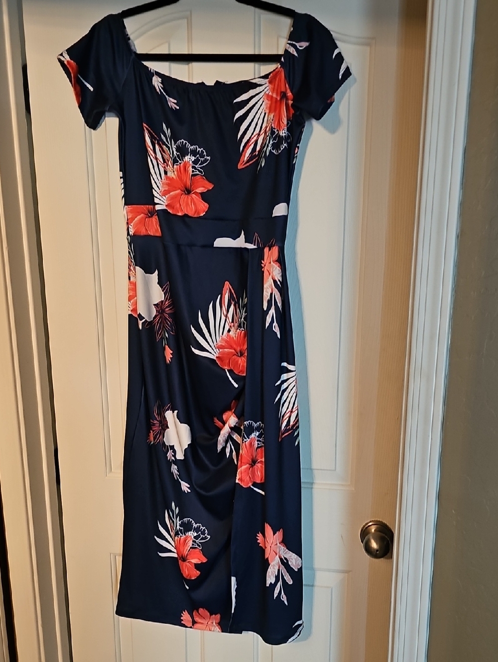 Navy Floral Midi Dress with Red Hibiscus